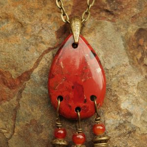 Red Jasper 3-hold drilled Gemstone Teardrop with Silk Tassel Necklace