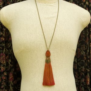 Red Jasper 3-hold drilled Gemstone Teardrop with Silk Tassel Necklace