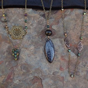 3 Necklace Set - Black Dragon Veins Agate Pendant & Floral Charm