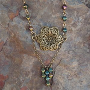 3 Necklace Set - Black Dragon Veins Agate Pendant & Floral Charm