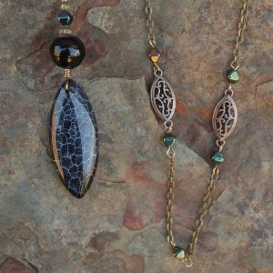 3 Necklace Set - Black Dragon Veins Agate Pendant & Floral Charm