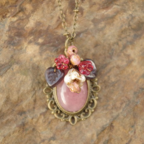Strawberry Blossoms Floral Gemstone Cabochon Pendant