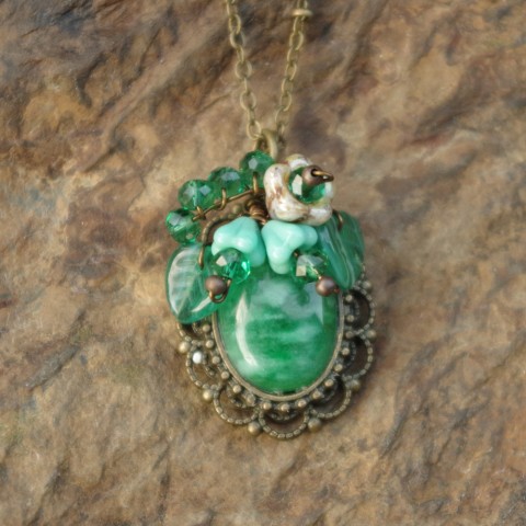 Emerald Green Blossoms Floral Gemstone Cabochon Pendant