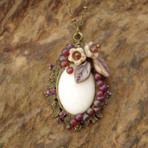 Antique Plum Blossoms Floral Gemstone Cabochon Pendant