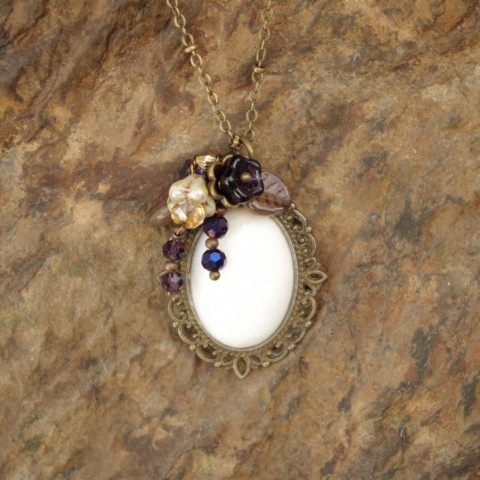Antique Purple Blossoms Floral Gemstone Cabochon Pendant