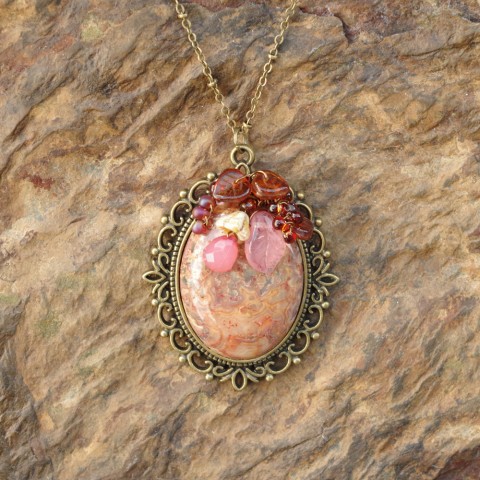 Just Peachy Blossoms Floral Gemstone Cabochon Pendant