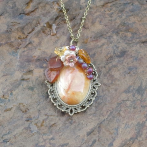 Autumn Blossoms Floral Gemstone Cabochon Pendant