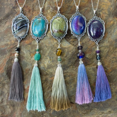 Gemstone Cabochon & Silk Tassel Necklaces
