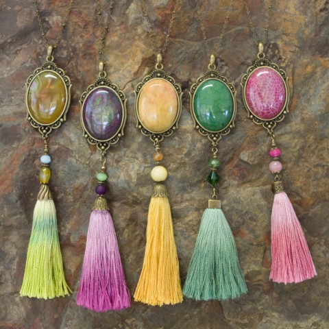 Gemstone Cabochon & Silk Tassel Necklaces