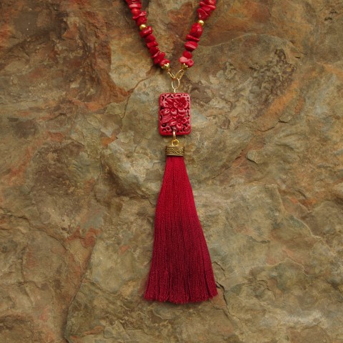 Carved Red Turquoise (Man-made ) Flower Pendant with Silk Tassel