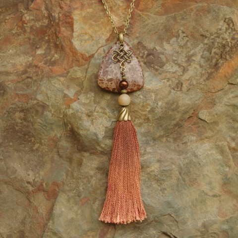 Red Leopard Skin Jasper Triangle Gemstone with Celtic Knot Charm and Silk Tassel Necklace