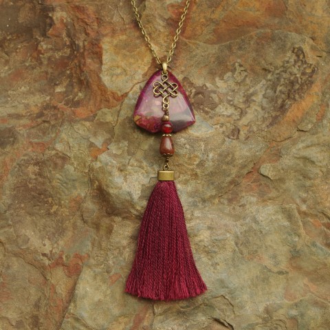 Purple Ghost Eye Triangle with Celtic Knot charm and Silk Tassel Necklace