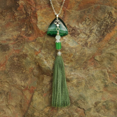 Green Stripes Agate Triangle Gemstone with Fleu-de-lis Charm and Silk Tassel Necklace