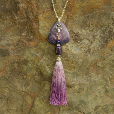 Purple Lepidolit Triangle Gemstone with Fleu-de-lis Charm and Silk Tassel Necklace