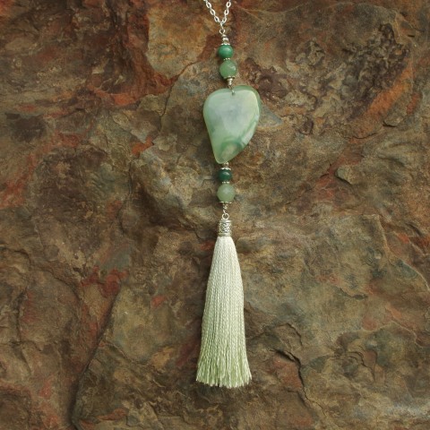 Green Onyx Agate Heart with Silk Tassel Necklace
