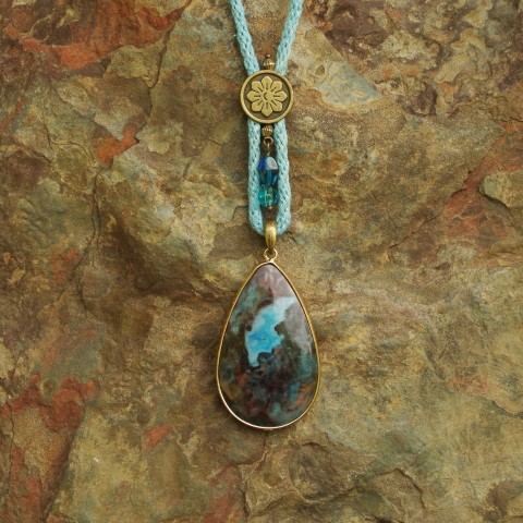 Wrapped Blue Crazy Lace Agate Teardrop Gemstone pendant with Silk Cord