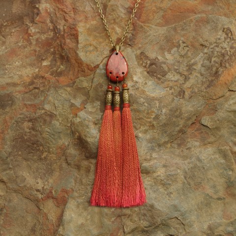 Red Jasper 3-hold drilled Gemstone Teardrop with Silk Tassel Necklace