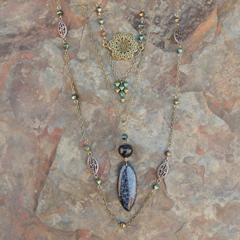 3 Necklace Set - Black Dragon Veins Agate Pendant & Floral Charm