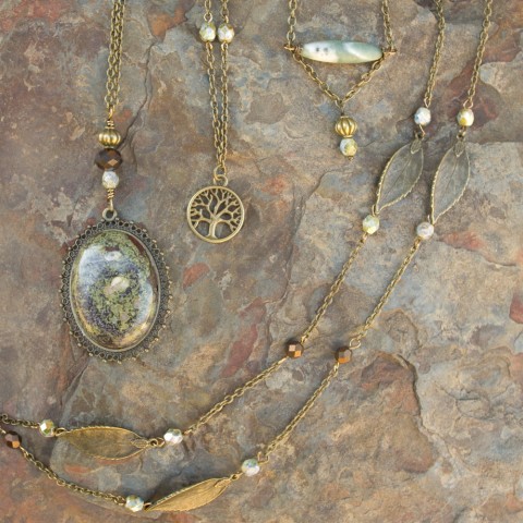 4 Necklace Set - Natural Dragon Blood Stone Pendant & Tree Charm