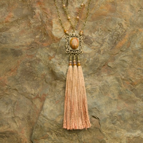 Picture Frame Picasso Jasper Cabochon Silk Tassel Necklace